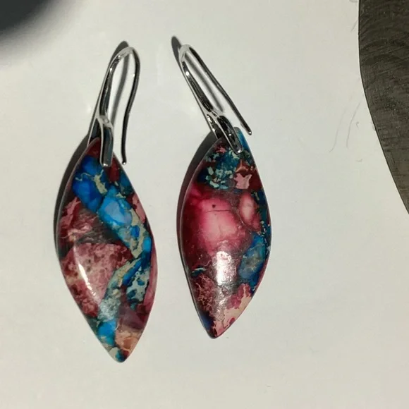 💙 Sterling Silver French Hook Natural Jasper Stone Curvy Boho Drop Earrings